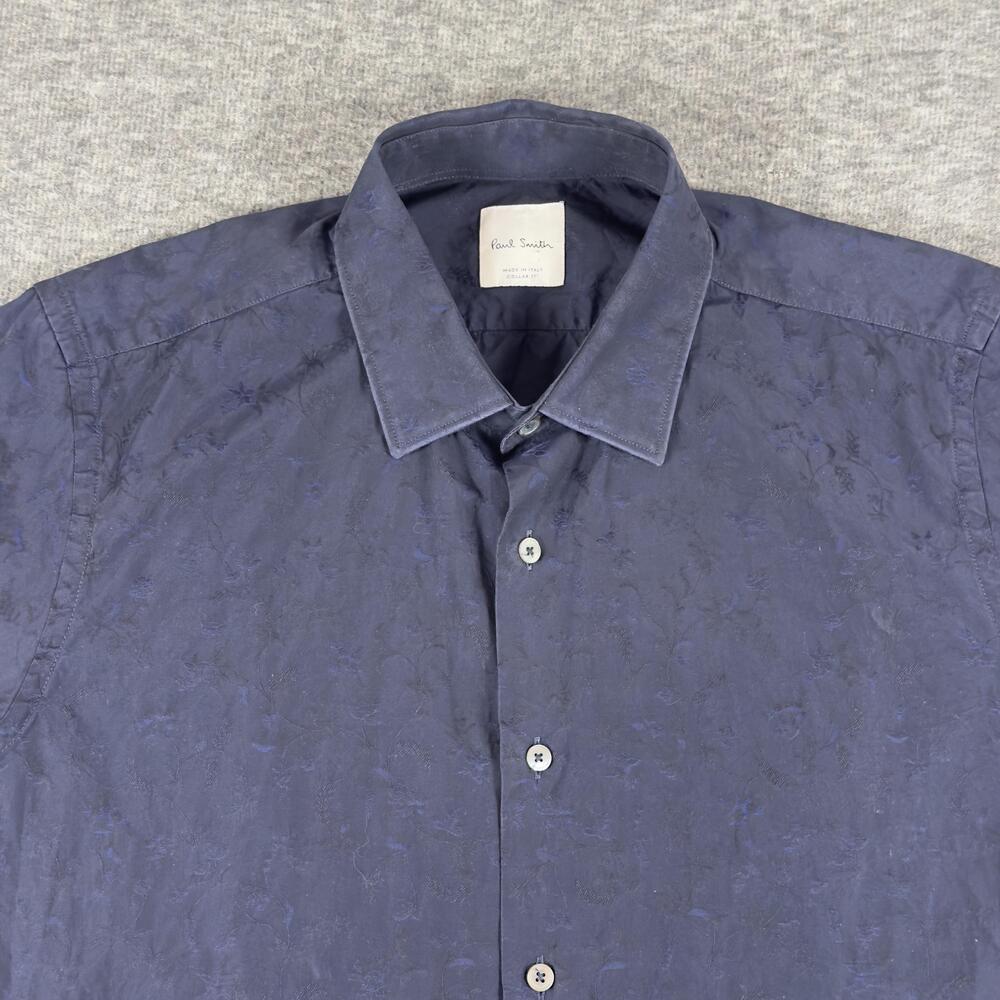 Paul Smith Dress Shirt Mens 17 Blue Floral Jacquard Long Sleeve Made In Italy